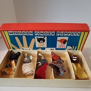 1960s Wooden Finger Puppets Set Czechoslovakia
